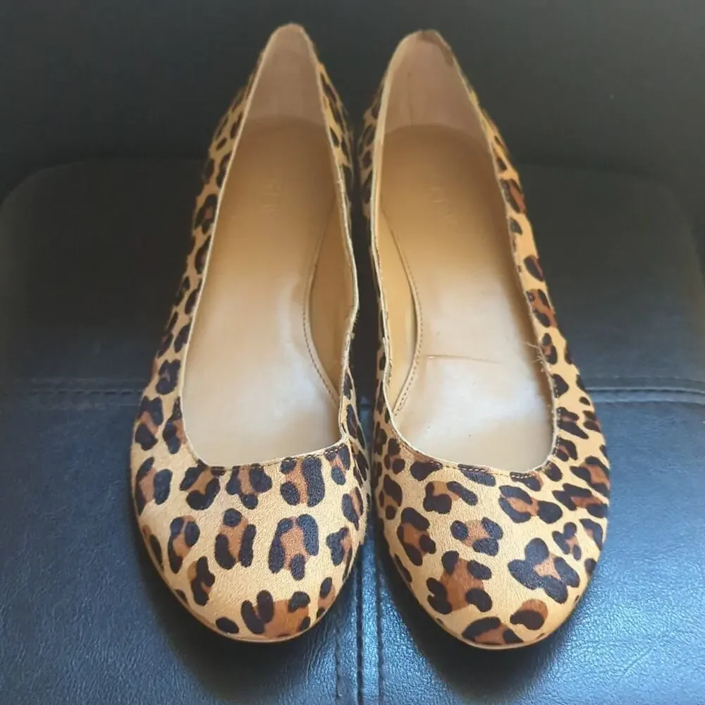 J Crew Lily Leopard Print Calf Hair Leather Chunky Kitten Heel Slip On Shoes